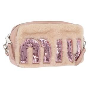 Miu Miu Pink Shearling Sequin Logo Camera Bag
